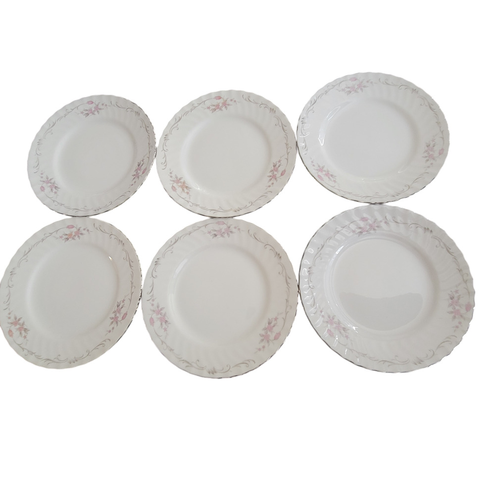 MCM Gold Standard Dessert Plates White Pink Floral‎ Silver Trim Japan Vtg Set 6